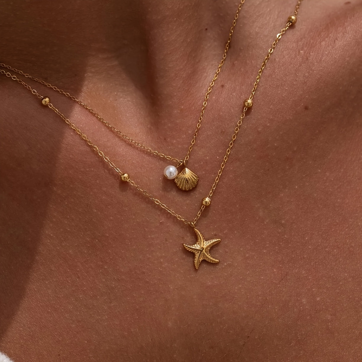 Layered Gold Necklace with Pearl, Seashell & Starfish