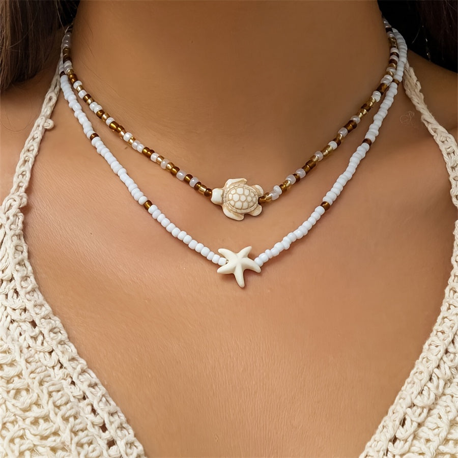 Beachy Layered Beaded Necklace with Turtle & Starfish