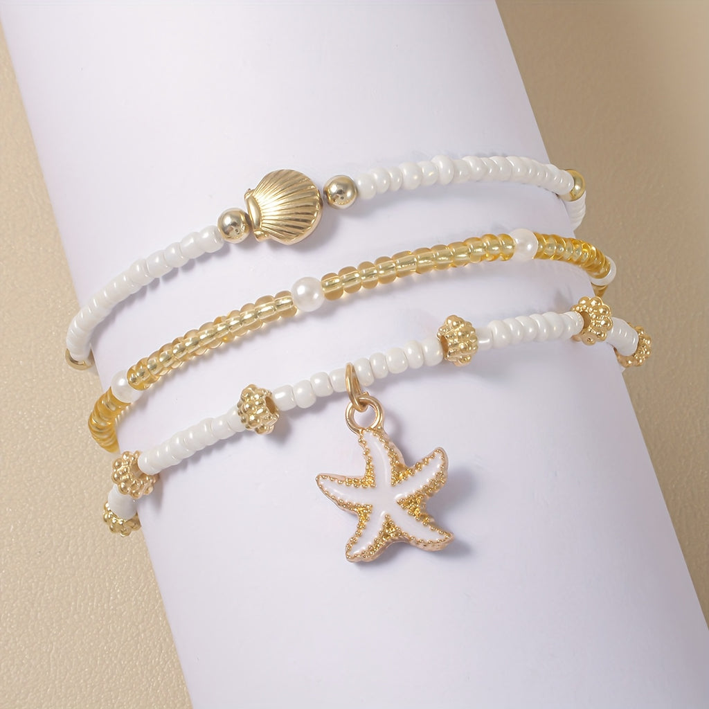 Beachy White Gold Beaded Anklet Set with Starfish