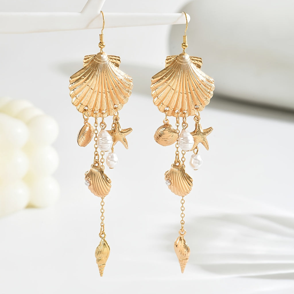 Gold-Tone Seashell & Pearl Starfish Drop Earrings