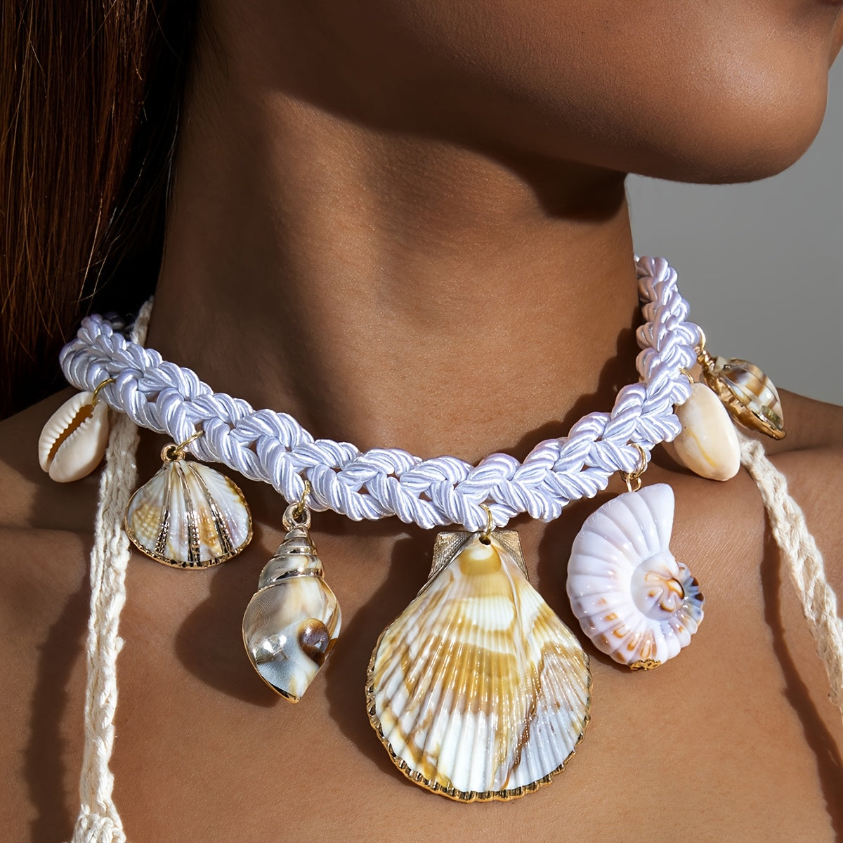 Bohemian White Braided Choker with Natural Shells