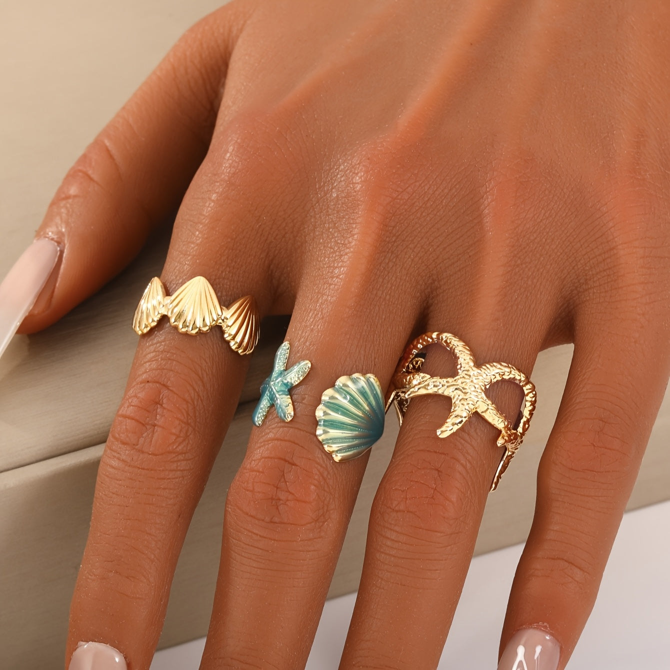 Gold-Tone Stackable Ocean Ring Set with Enamel