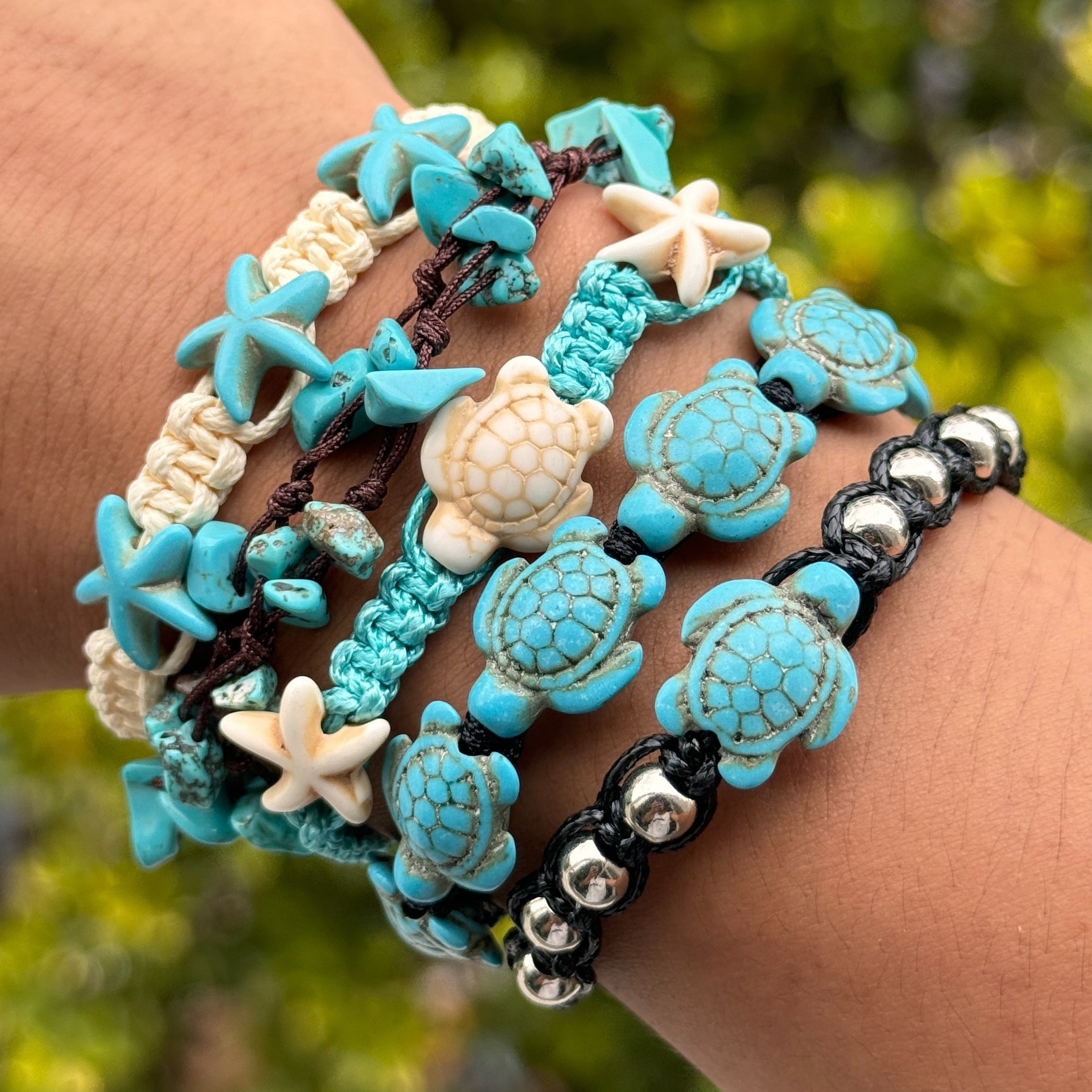 Turquoise Turtle & Starfish Beaded Bracelets Set