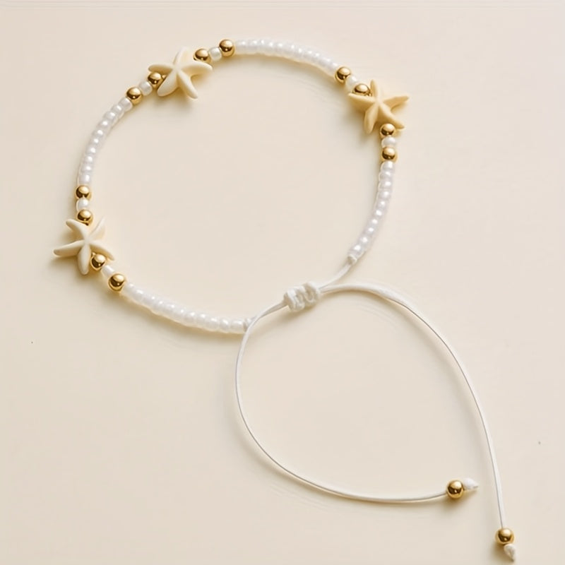 Adjustable White Bead Starfish Charm Gold Bracelet