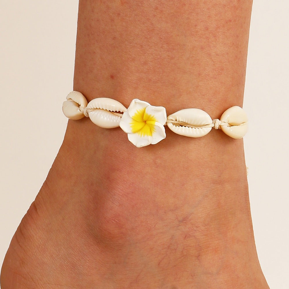 Bohemian Cowrie Shell Plumeria Flower Anklet