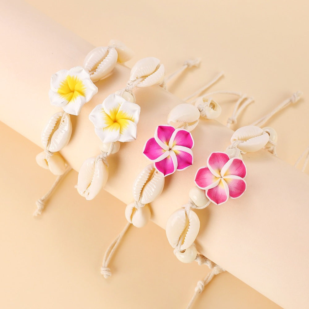 Bohemian Cowrie Shell Plumeria Flower Anklet