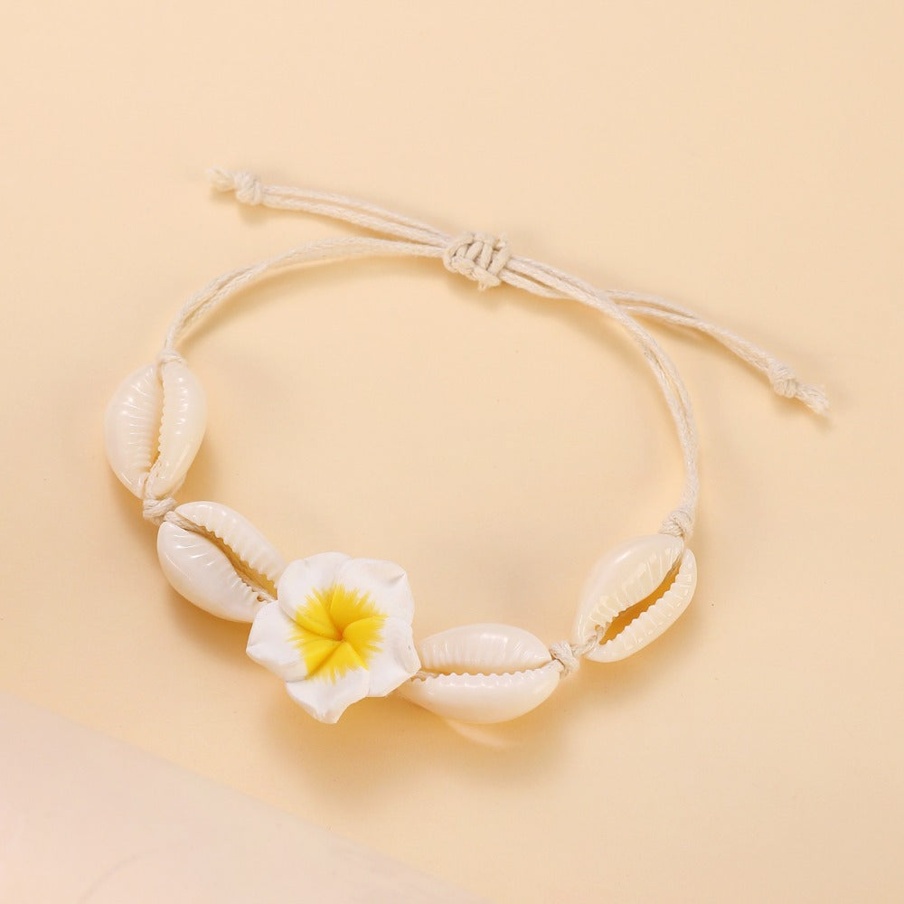 Bohemian Cowrie Shell Plumeria Flower Anklet