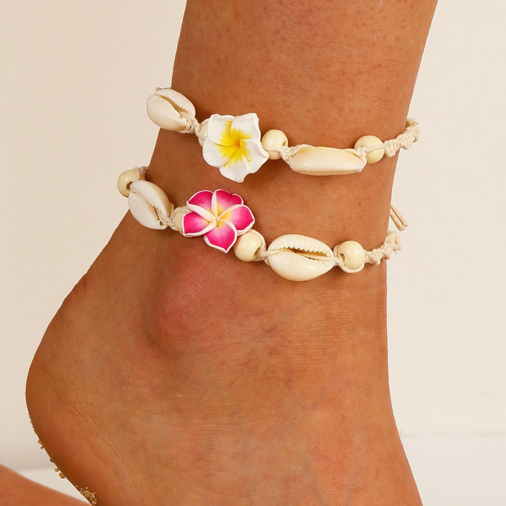 Bohemian Cowrie Shell Plumeria Flower Anklet