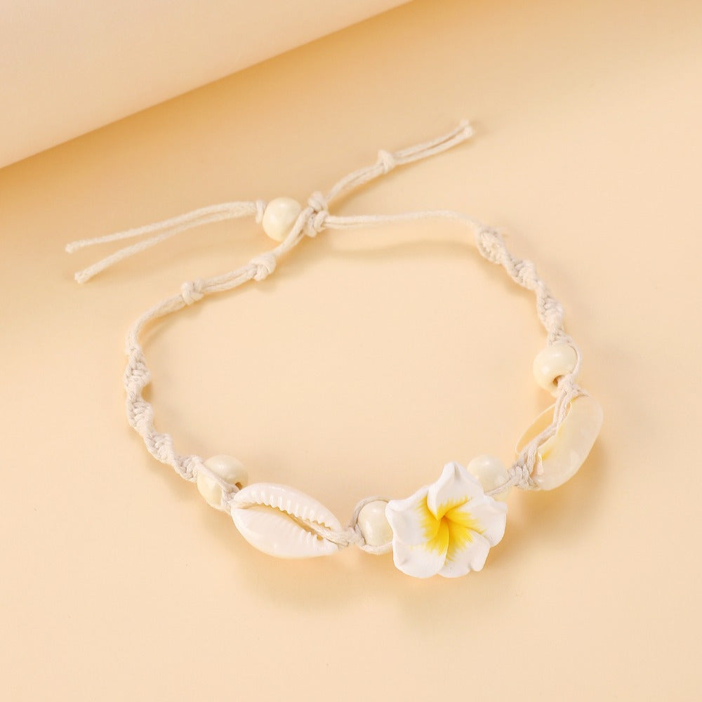 Bohemian Cowrie Shell Plumeria Flower Anklet