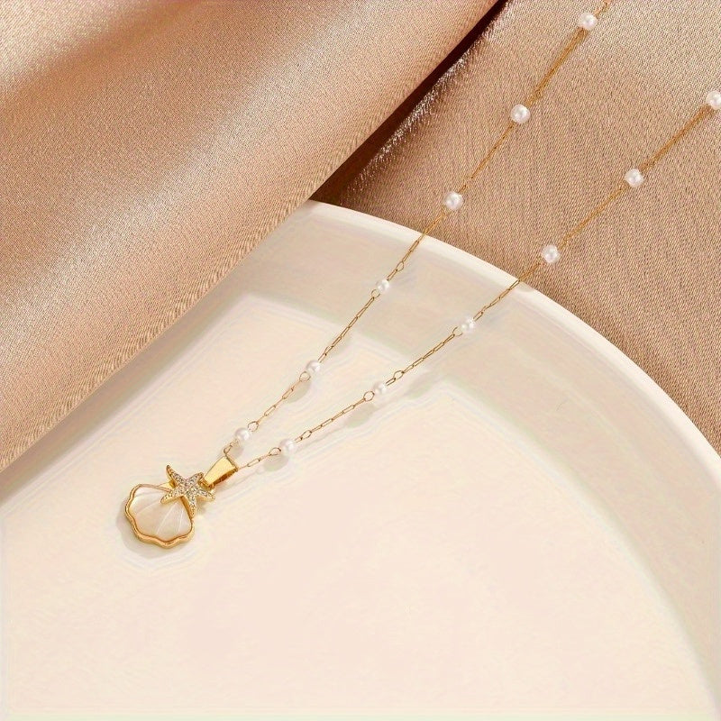 Gold-Tone Seashell Starfish Pendant Necklace with Pearls