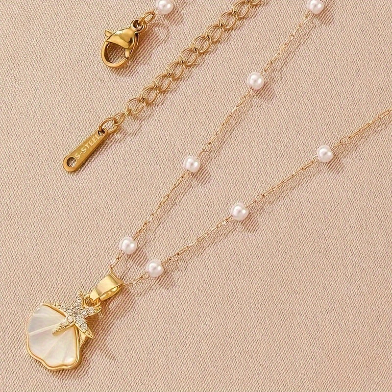 Gold-Tone Seashell Starfish Pendant Necklace with Pearls
