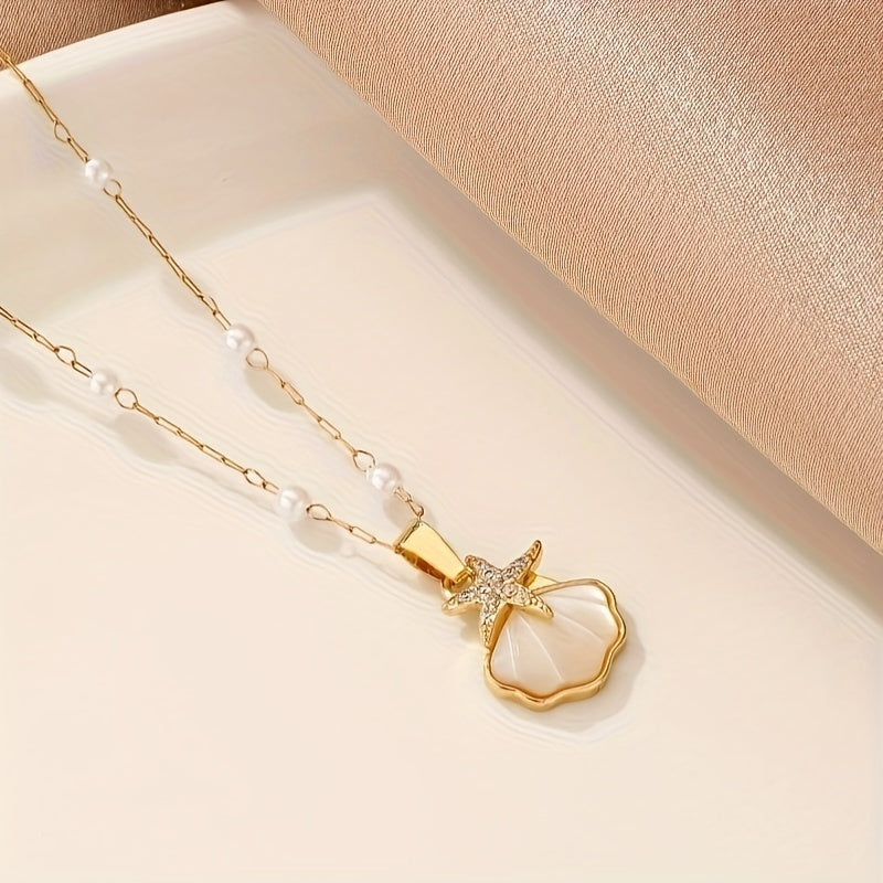 Gold-Tone Seashell Starfish Pendant Necklace with Pearls