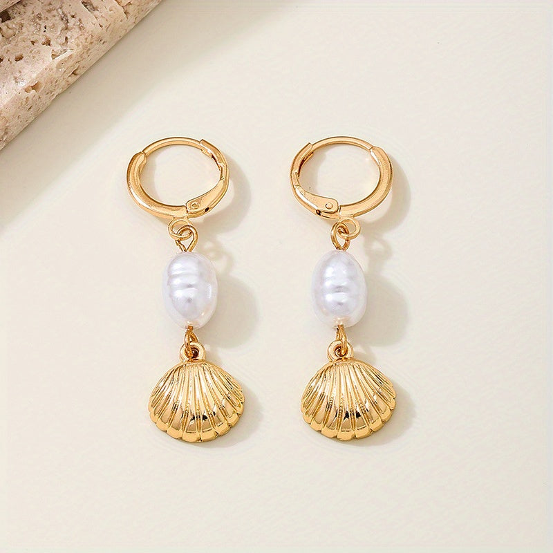 Dainty Gold Drop Earrings with Pearl & Scallop Shell
