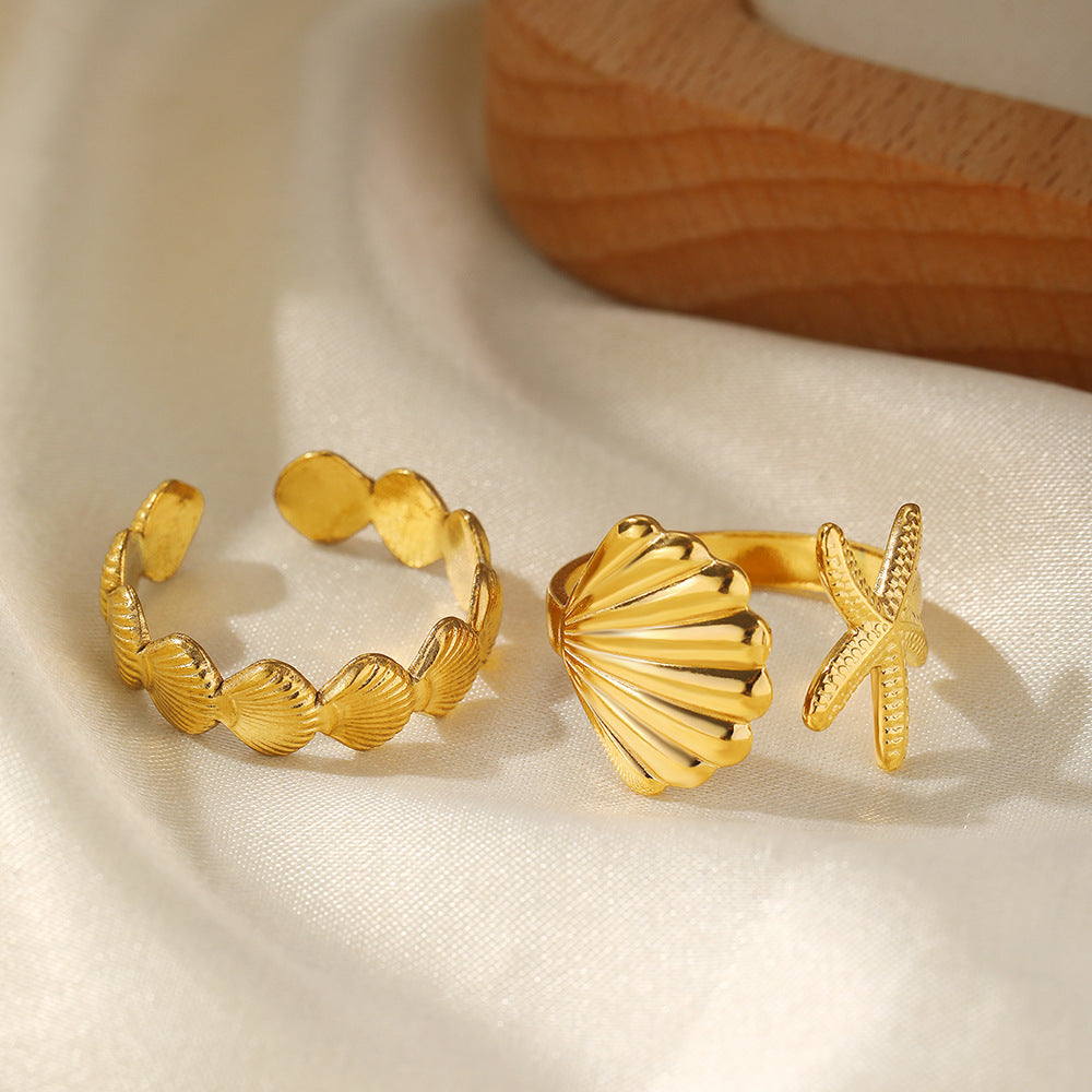 Gold Adjustable Starfish and Shell Ring Set