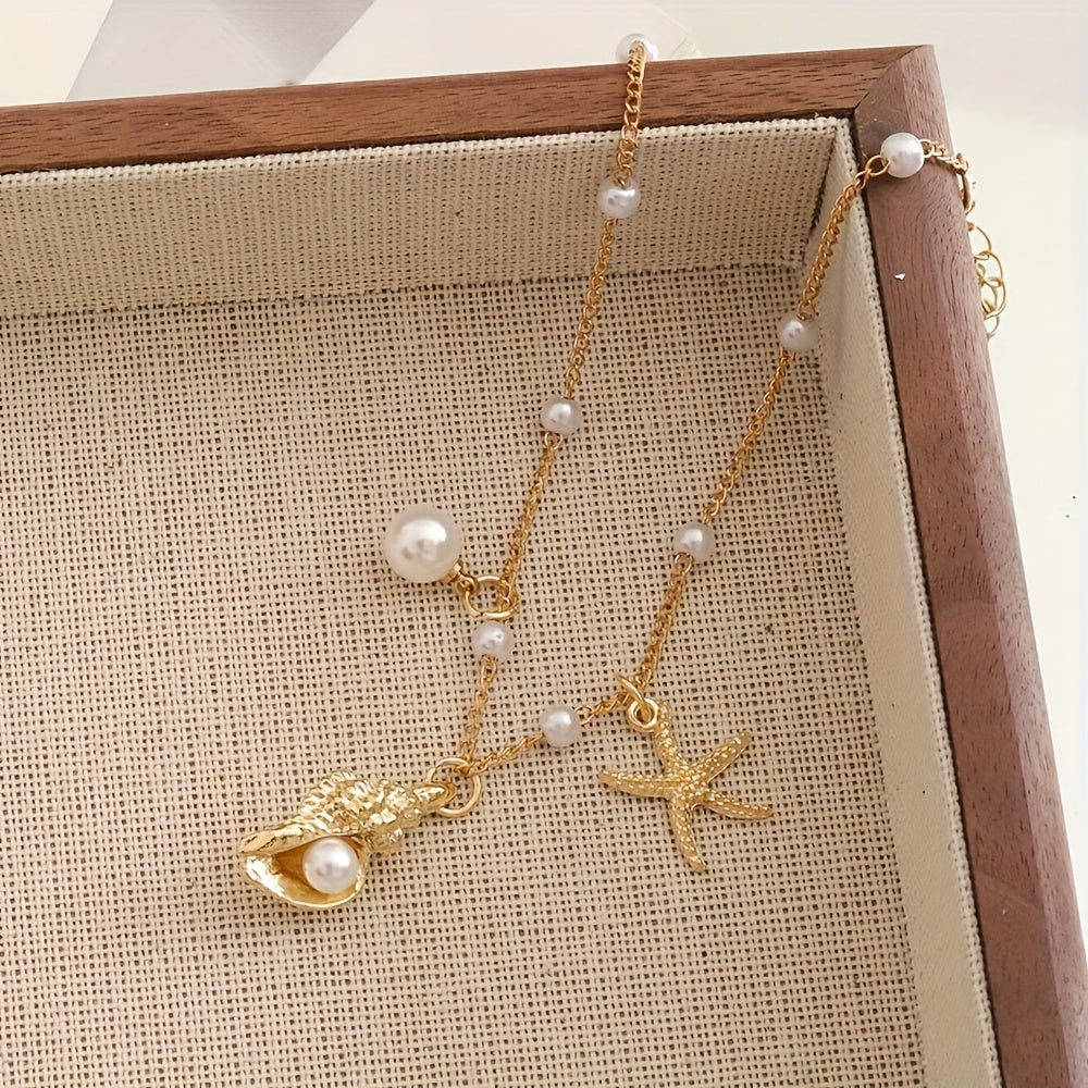 Beachy Gold Tone Anklet with Starfish & Pearl Charms