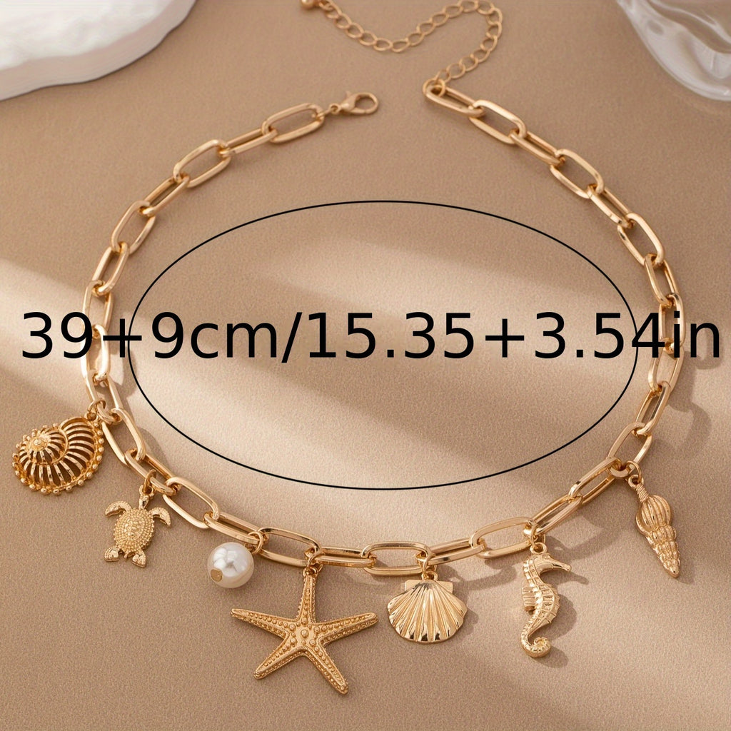 Gold-Tone Sea Life Charm Necklace in Zinc Alloy