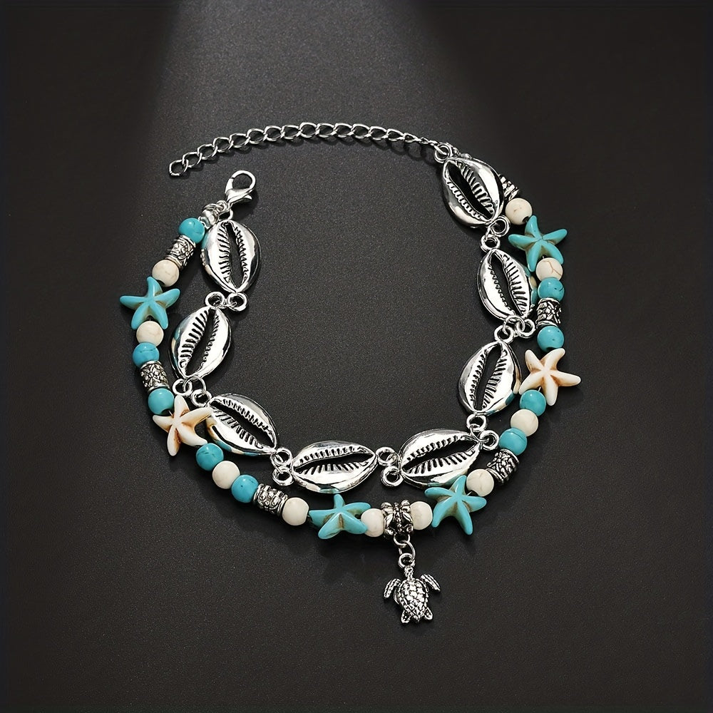 Bohemian Double Layered Anklet with Cowrie Shells & Turtle