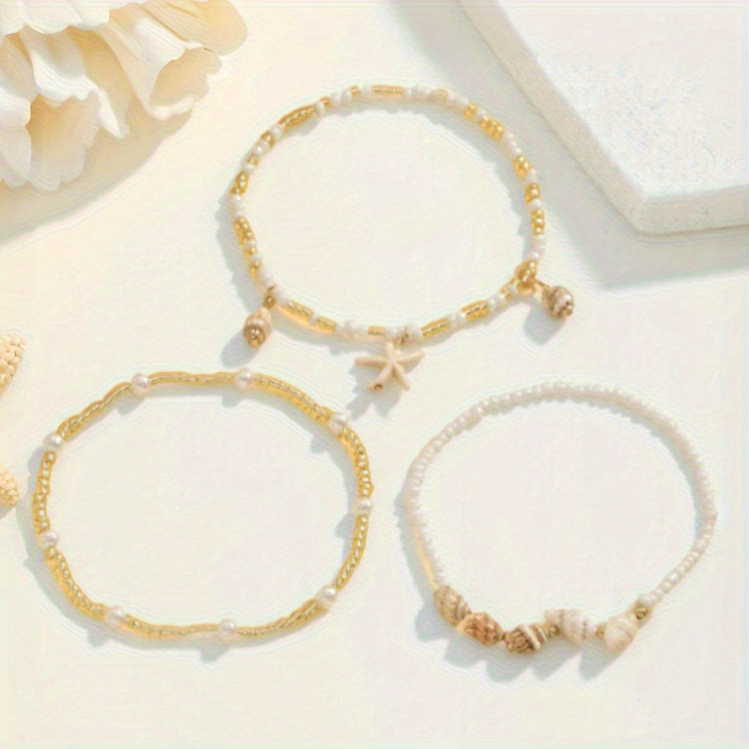 Beaded Layered Anklets with Seashells, Starfish, and Pearls
