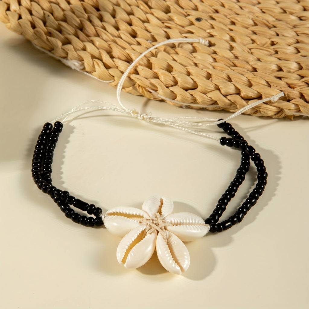 Bohemian Black Bead Anklet with Cowrie Shell Flower