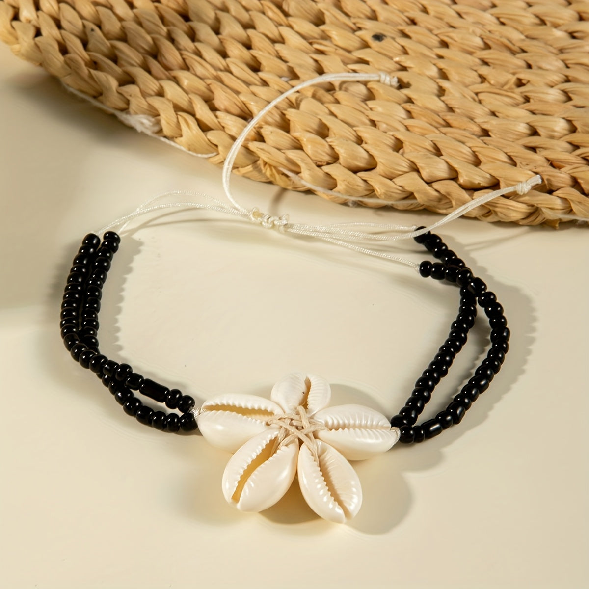 Bohemian Black Bead Anklet with Cowrie Shell Flower