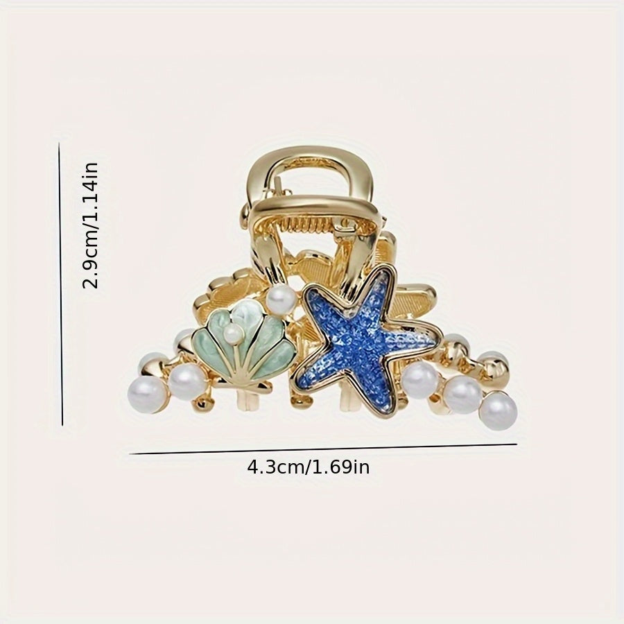 Beachy Gold-Tone Claw Clip with Starfish, Shell & Pearls