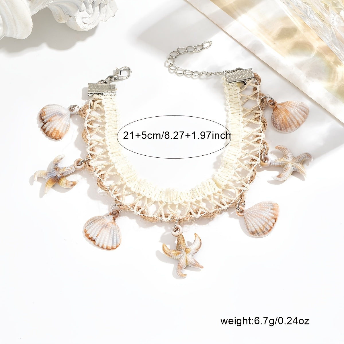 Bohemian White Crochet Anklet with Starfish Shells