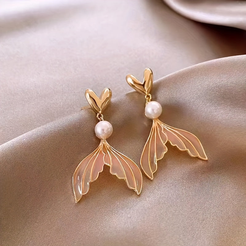 Gold Heart Pearl Gradient Mermaid Tail Drop Earrings