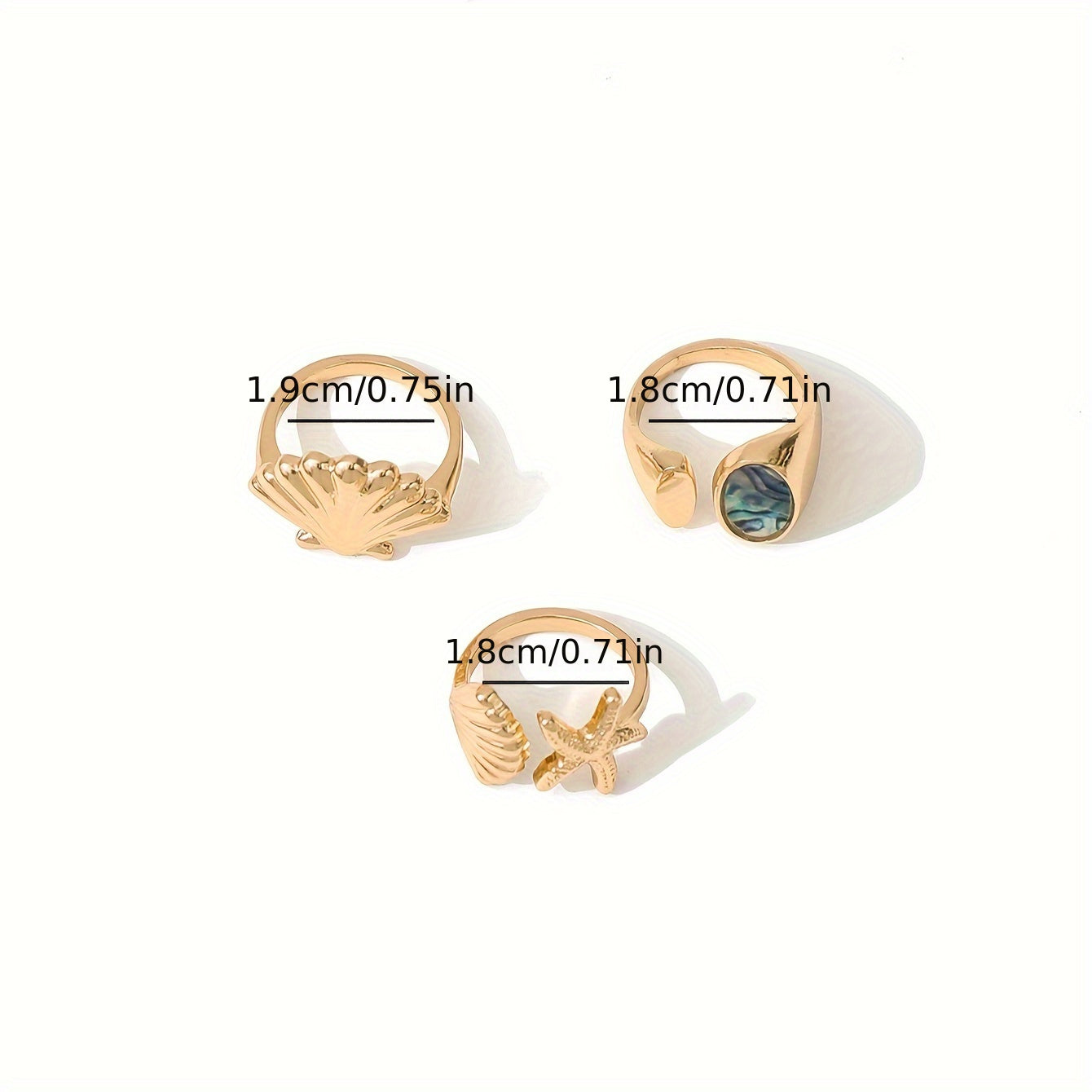 Gold Tone Sea-Inspired Rings with Abalone