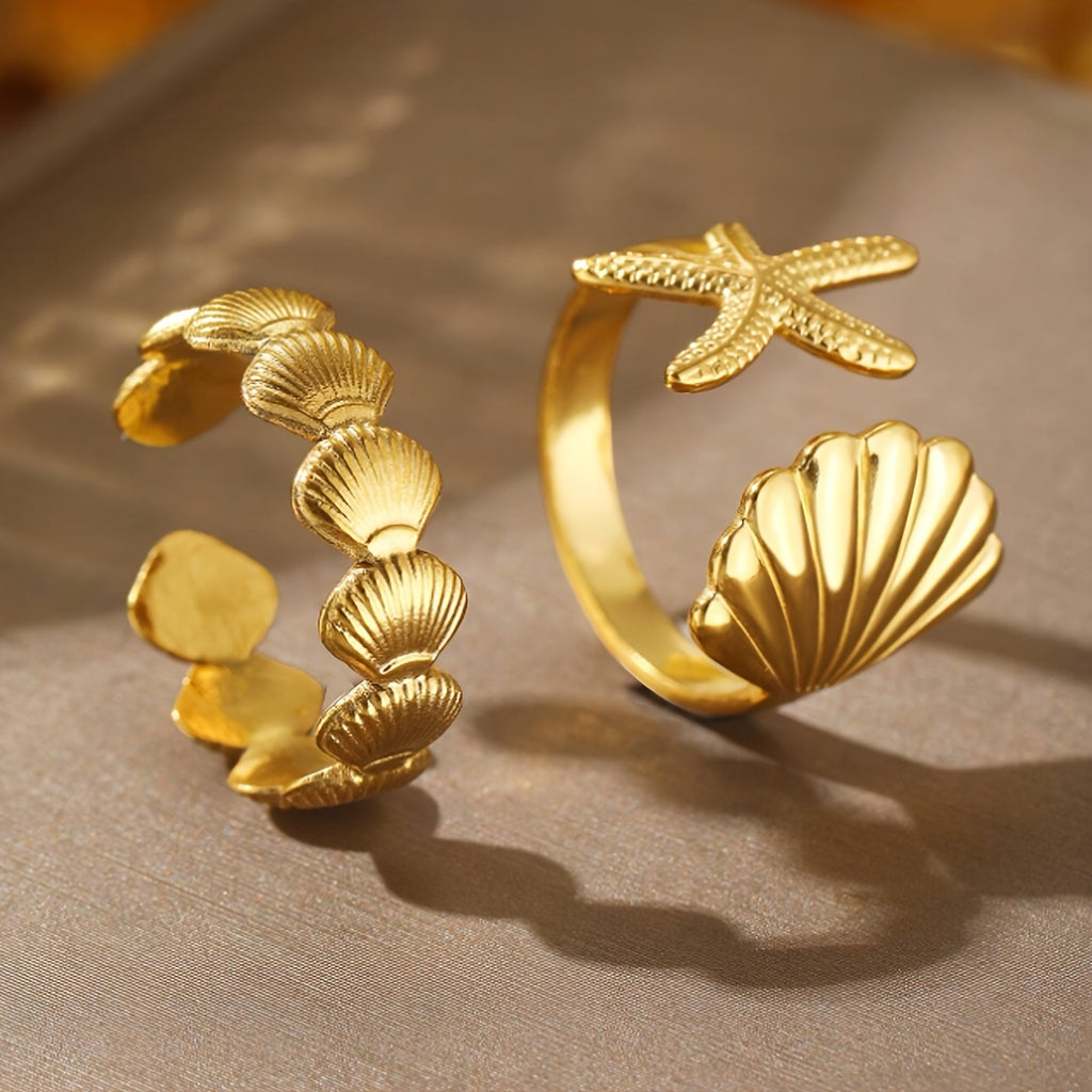Adjustable Gold-Tone Sea Shell Starfish Rings