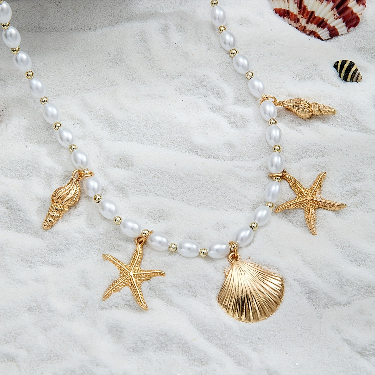 Beachy Faux Pearl Choker with Gold Sea Charms