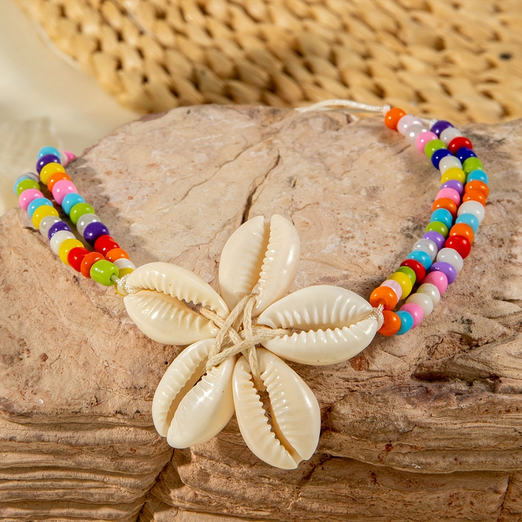 Bohemian Black Bead Anklet with Cowrie Shell Flower