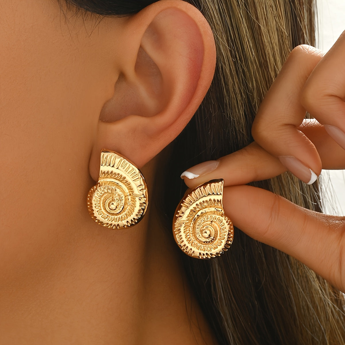 Gold Textured Nautilus Shell Stud Earrings