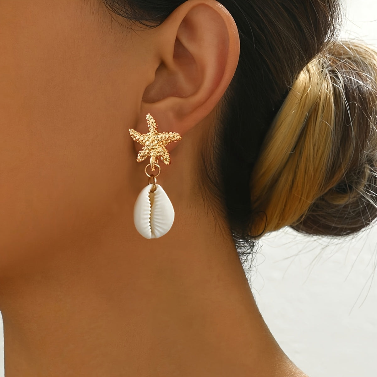 Gold Starfish and Cowrie Shell Dangle Earrings