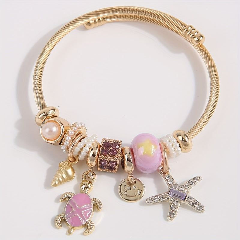 Gold-Tone Sea Charm Bangle Bracelet with Pearls