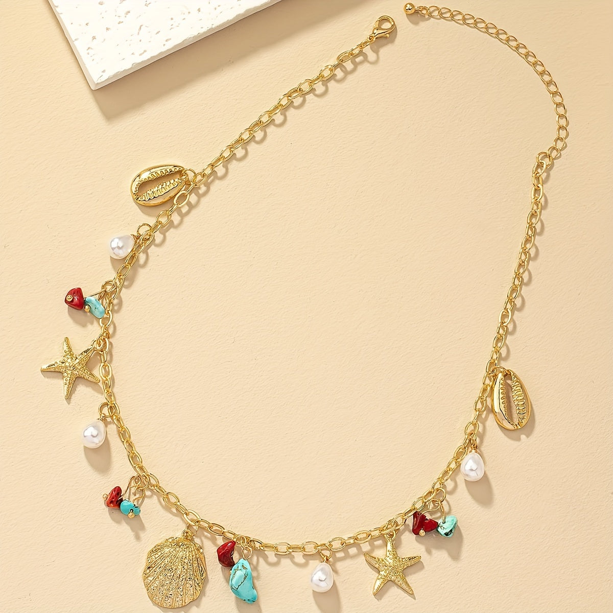 Gold-Tone Seashell Starfish Necklace with Colorful Beads