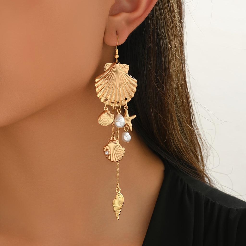 Gold-Tone Seashell & Pearl Starfish Drop Earrings