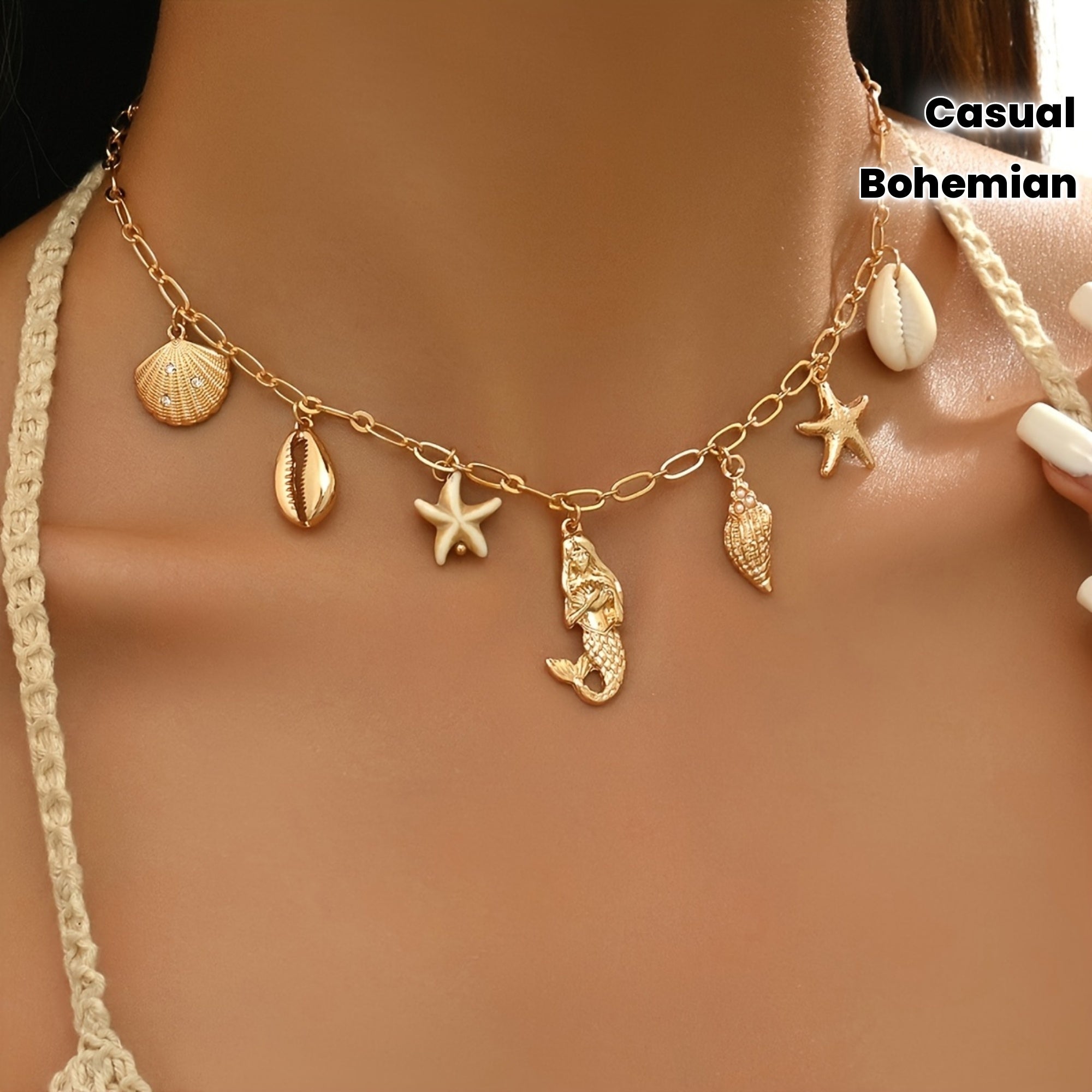 Bohemian Gold Tone Shell & Mermaid Necklace