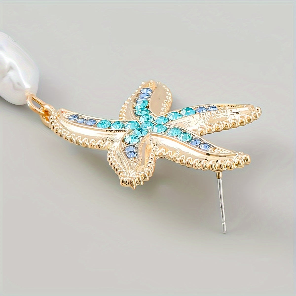 Gold-Tone Starfish Drop Earrings with Rhinestones & Pearl