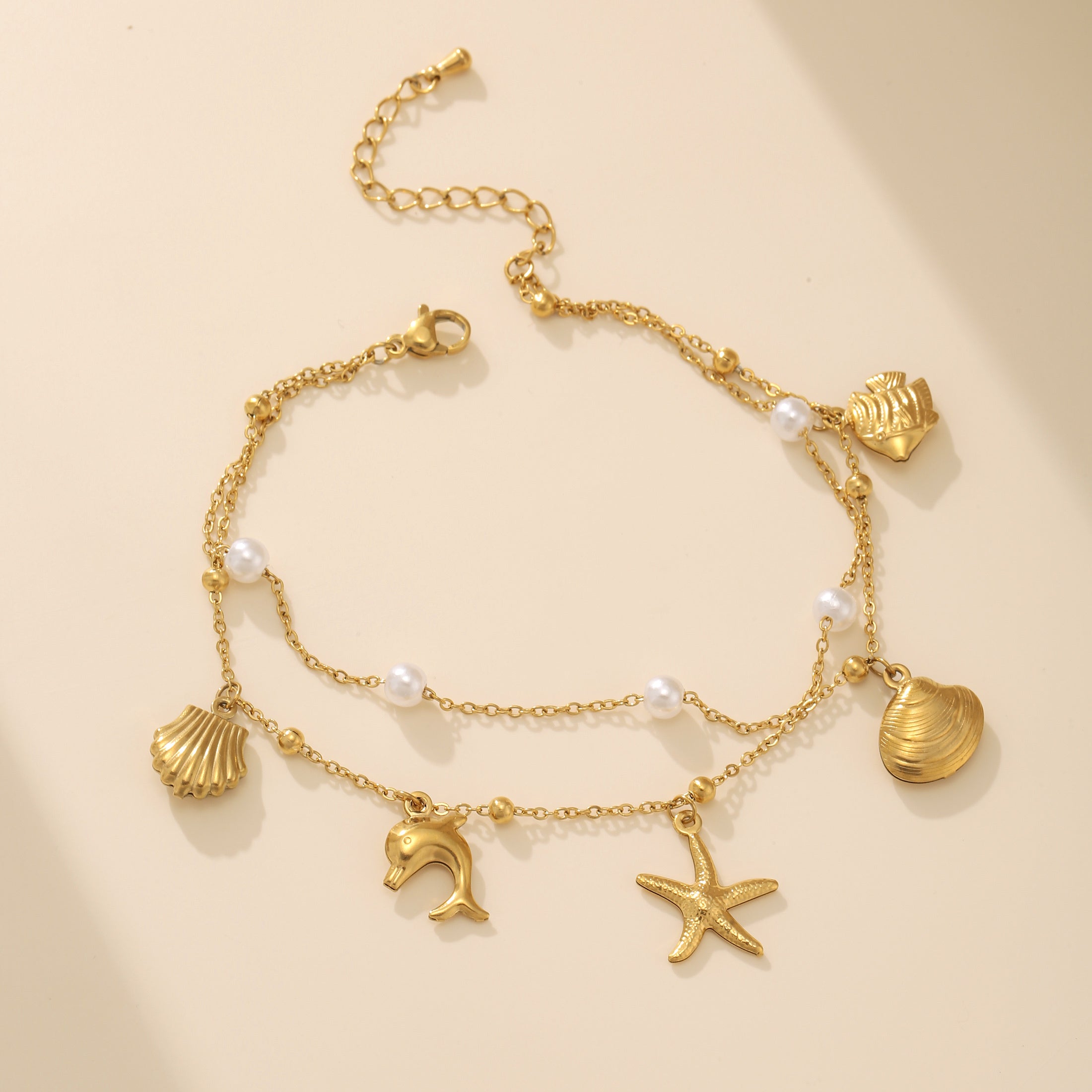 Gold-Tone Layered Anklet with Marine Charms and Pearls