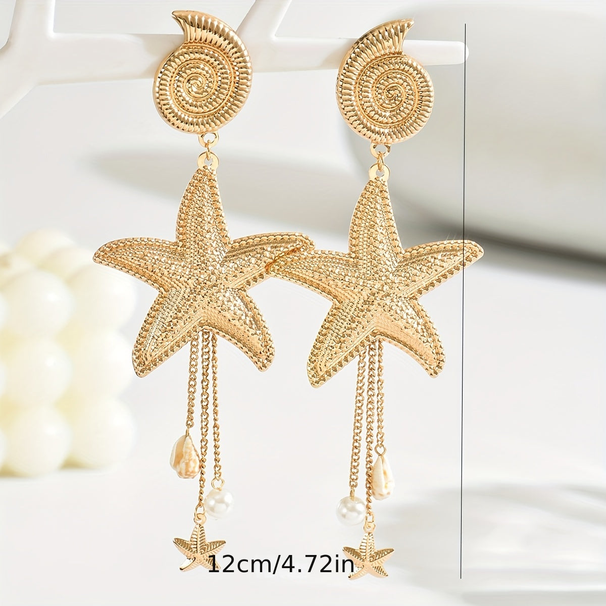 Gold Starfish Seashell Drop Earrings with Pearls