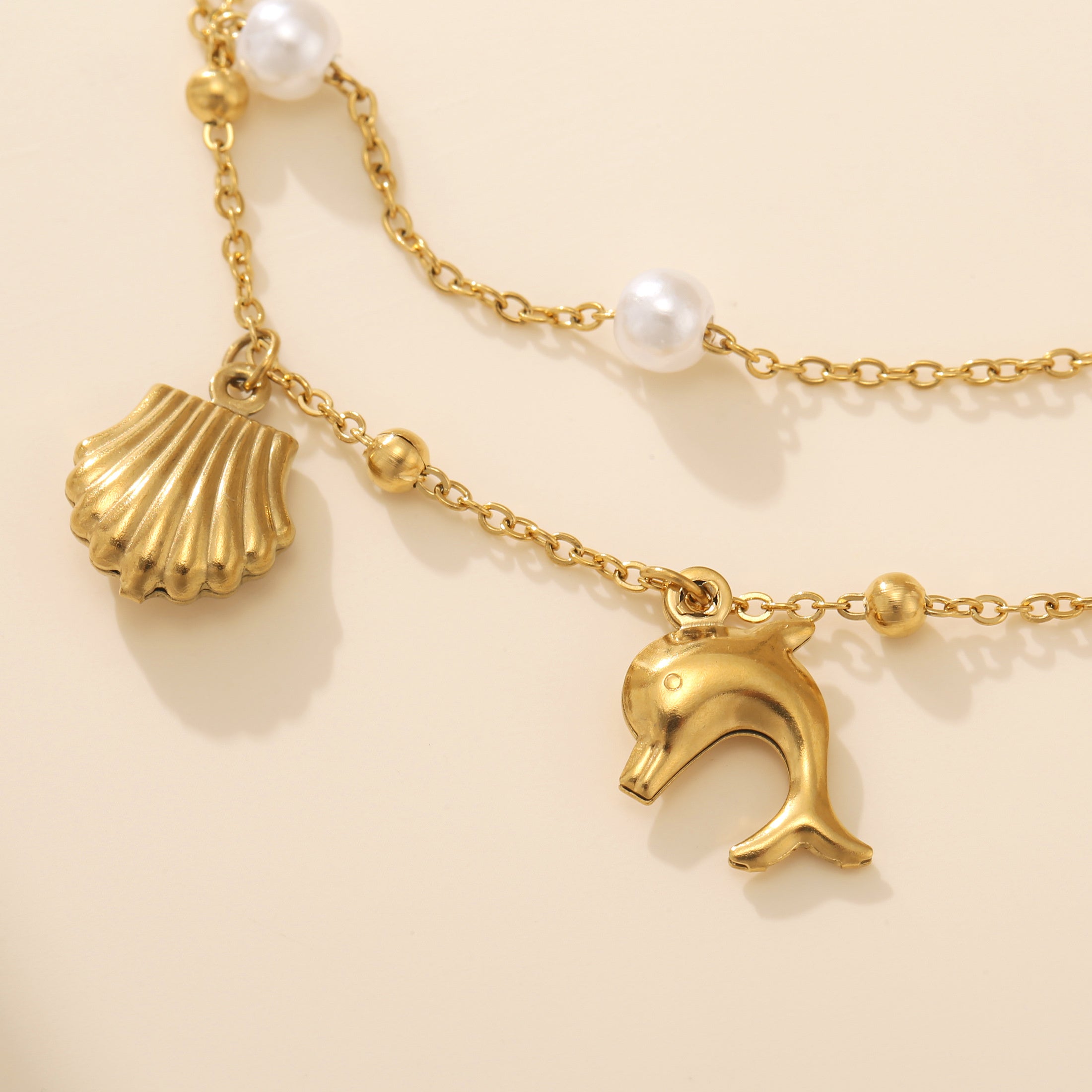 Gold-Tone Layered Anklet with Marine Charms and Pearls
