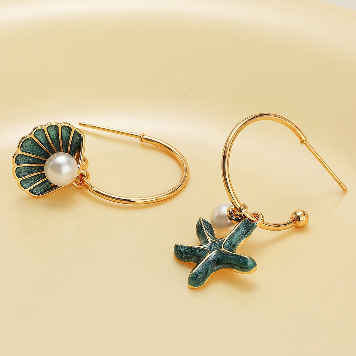 Asymmetrical Shell Starfish Hoop Earrings with Pearls