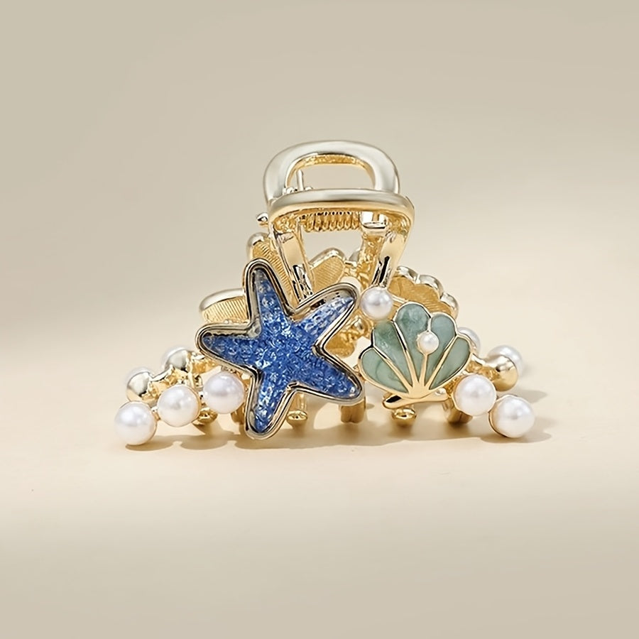 Beachy Gold-Tone Claw Clip with Starfish, Shell & Pearls