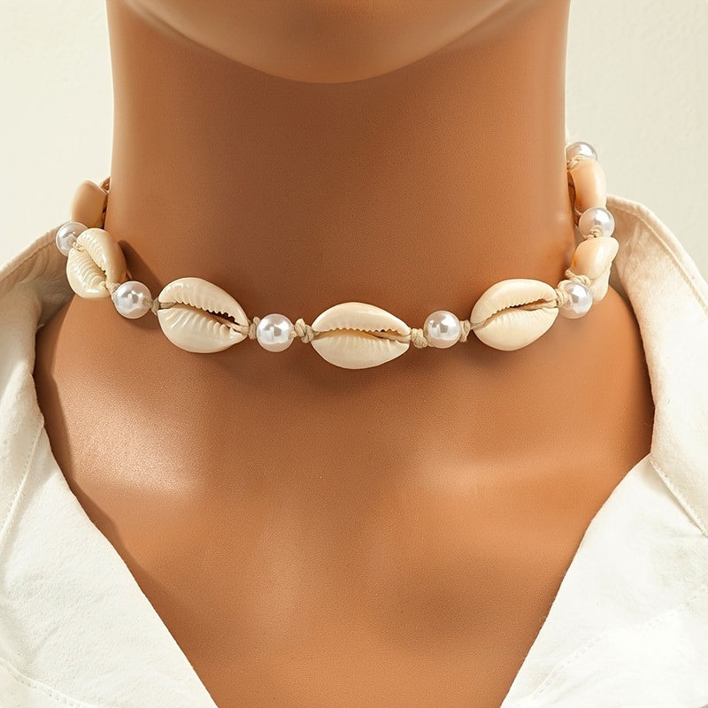 Boho Cowrie Shell and Pearl Choker Necklace