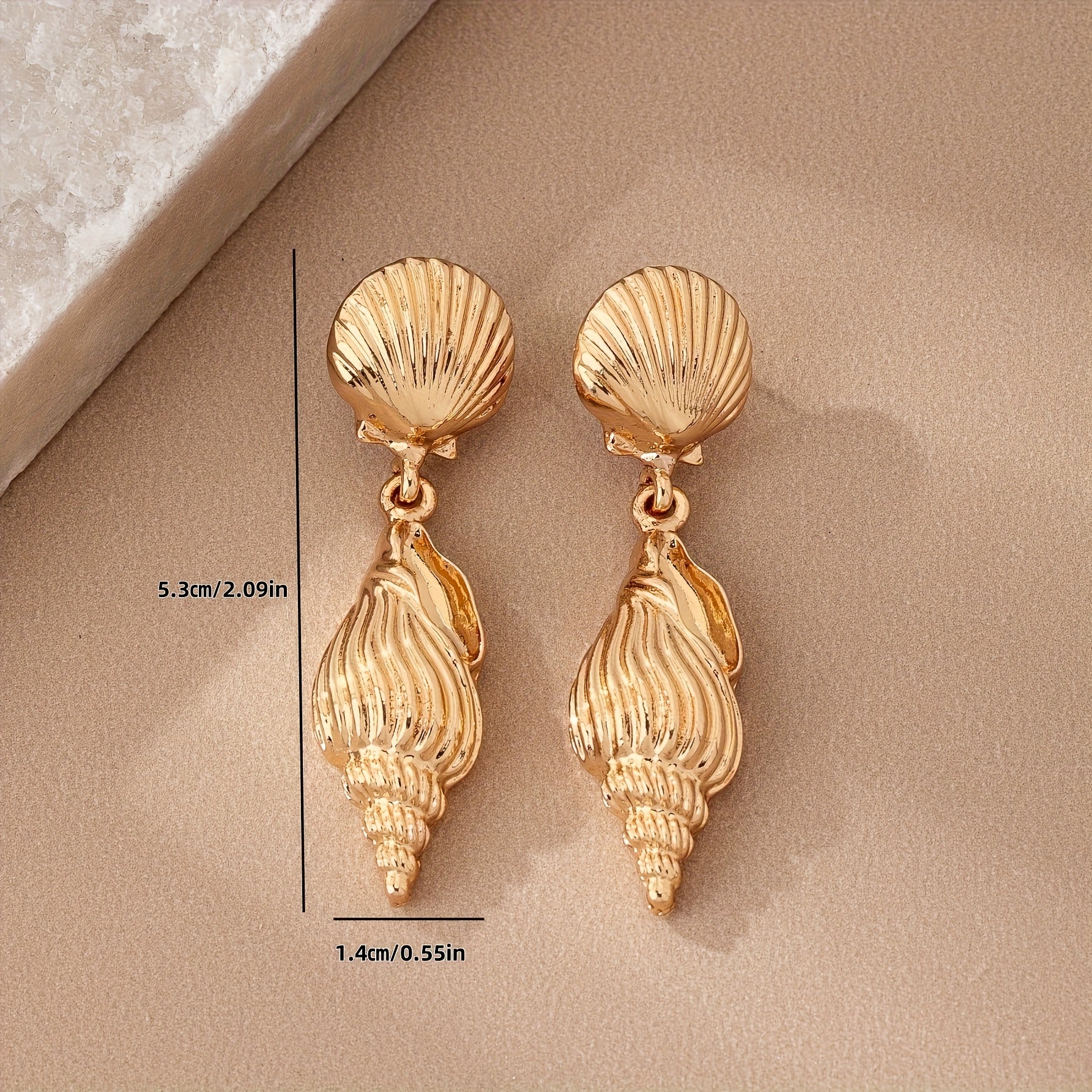 Gold Tone Scallop & Conch Drop Earrings