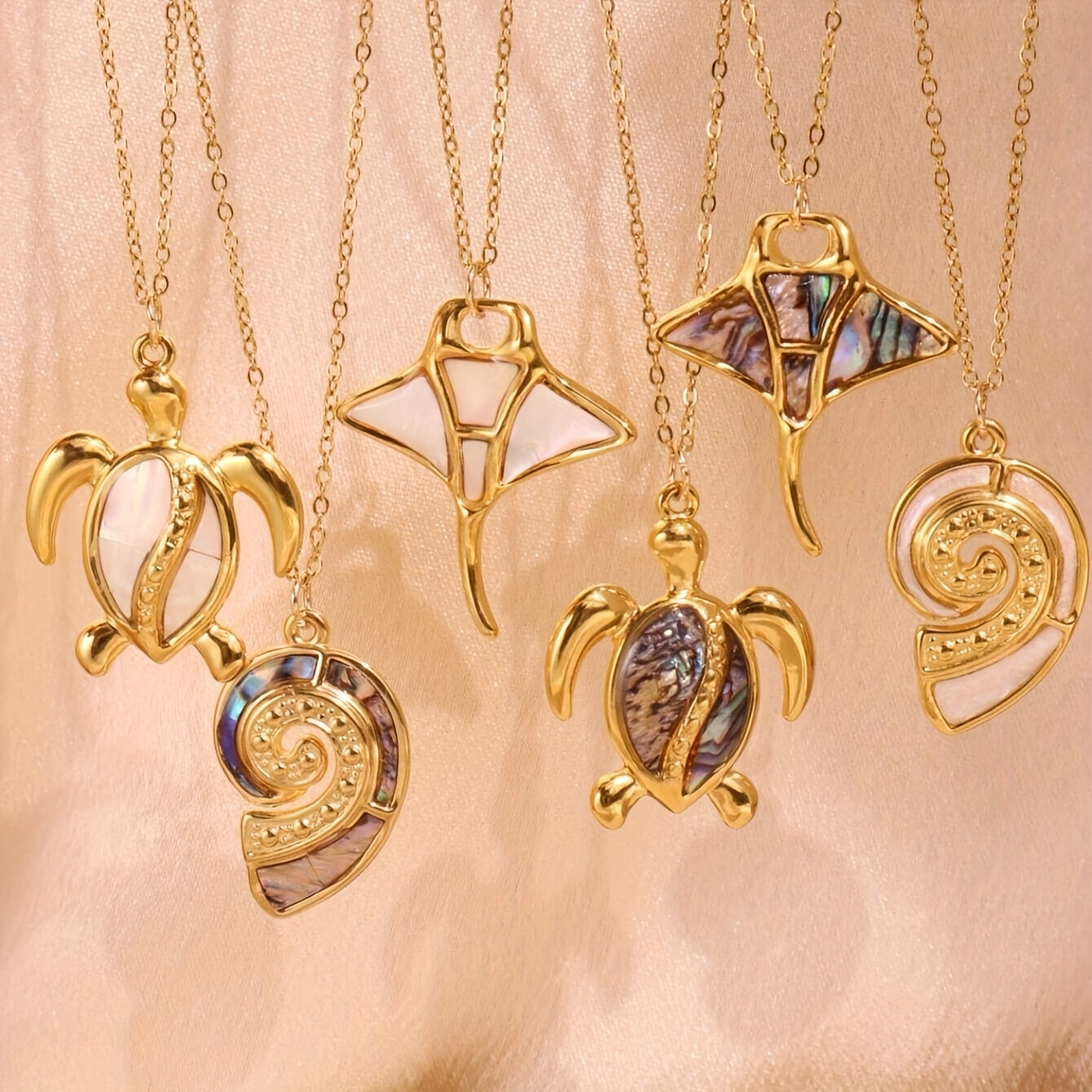 Gold Sea Life Pendant Necklaces with Shell Inlays