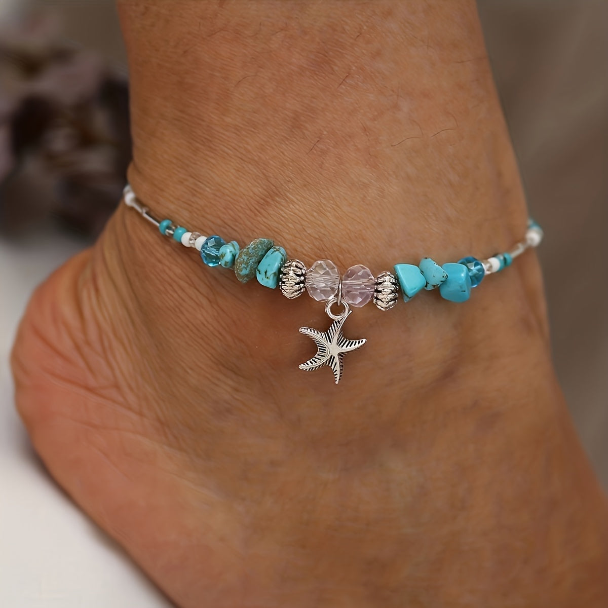 Boho White Shell Bead Anklet with Starfish Charm