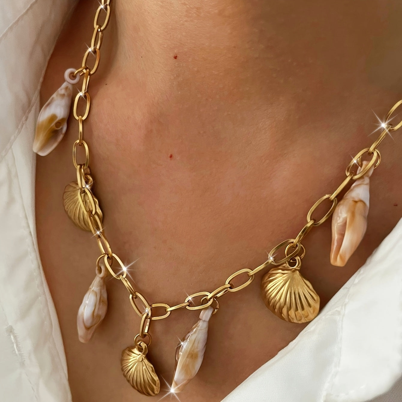 Bohemian Gold Chain Necklace with Shell Charms