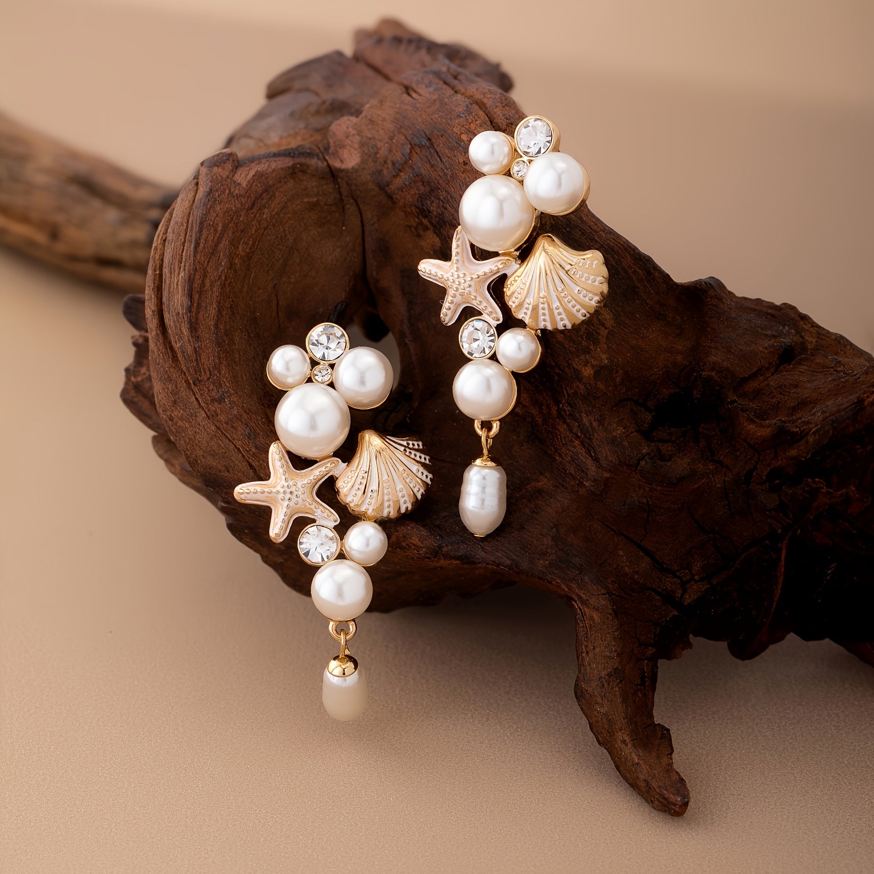 Gold-Tone Seashell Starfish Pearl Drop Earrings