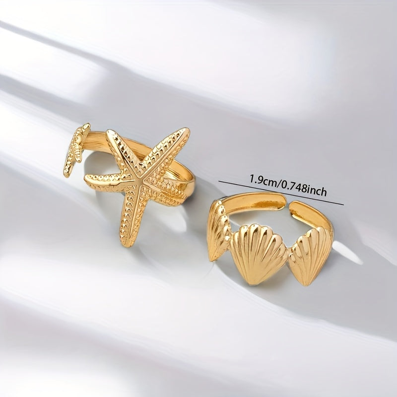 Gold-Tone Starfish & Seashell Ring Set